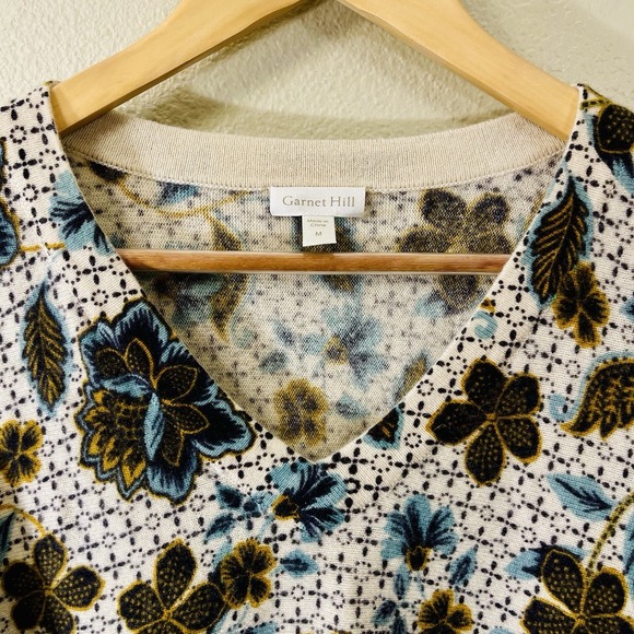 Garnet Hill‎ Floral 100% Cashmere Pullover Sweater V Neck Warm Cozy Boho Size M - Picture 2 of 8